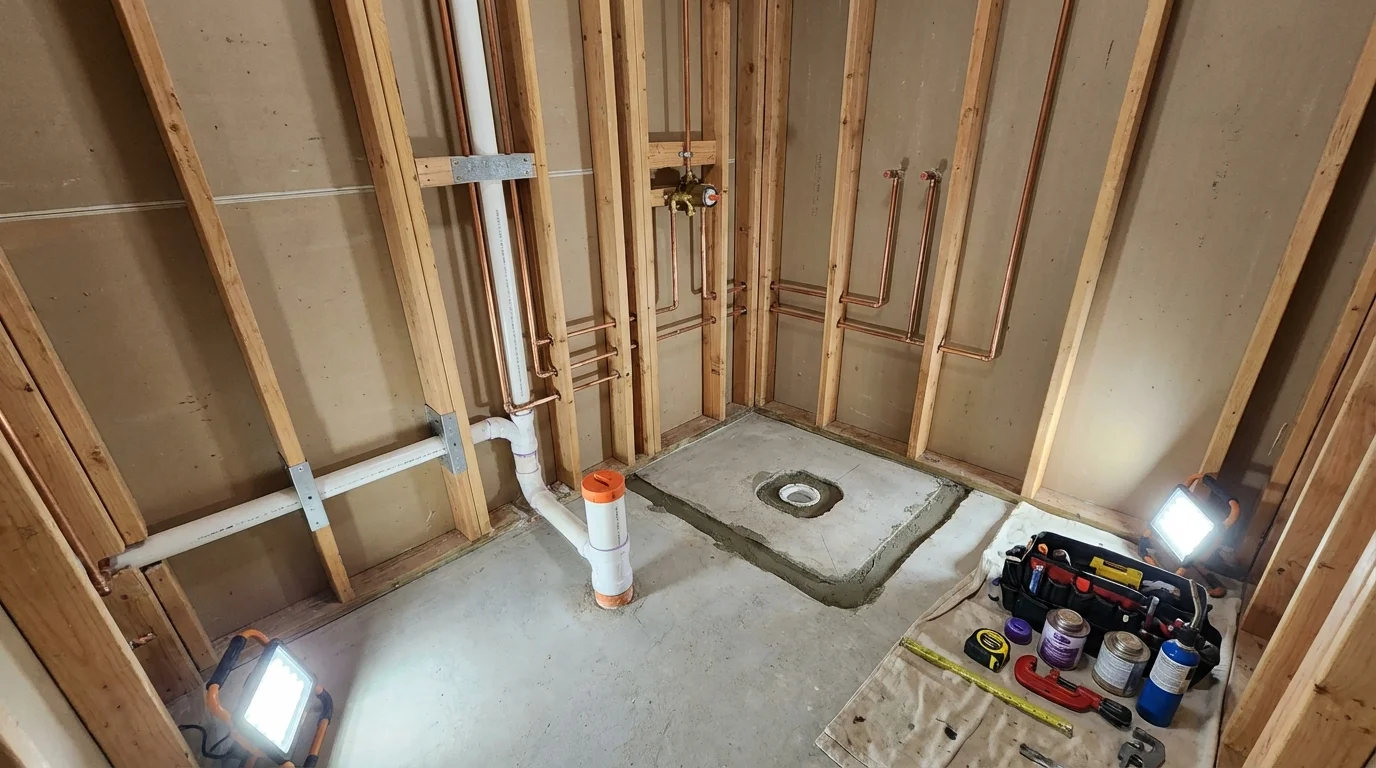 Bathroom rough-in plumbing during remodel by Johns Plumbing LLC in Hobe Sound