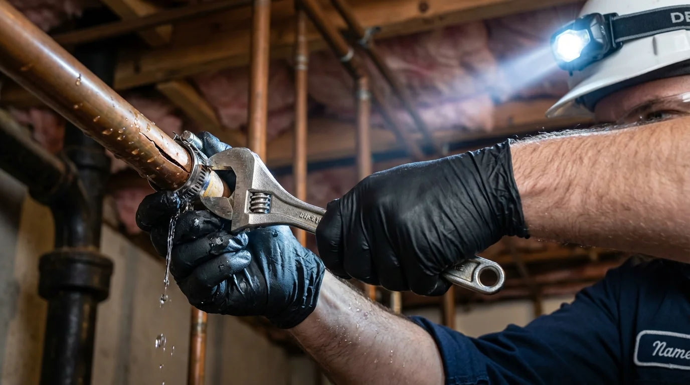 Emergency pipe clamp repair being performed by a Johns Plumbing LLC plumber in Hobe Sound