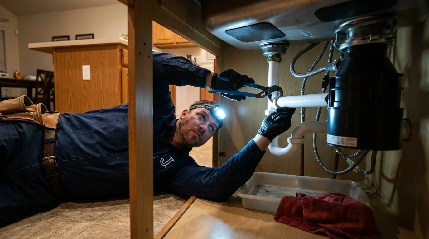 P-trap and supply line connections under a kitchen sink showing a common leak point in Hobe Sound, FL